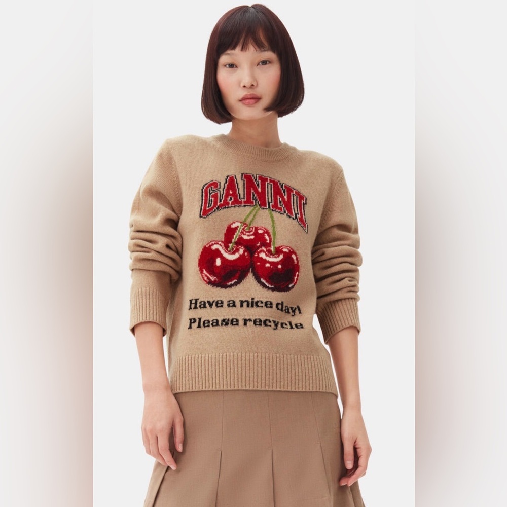 Ganni Camel Graphic Cherry Sweater